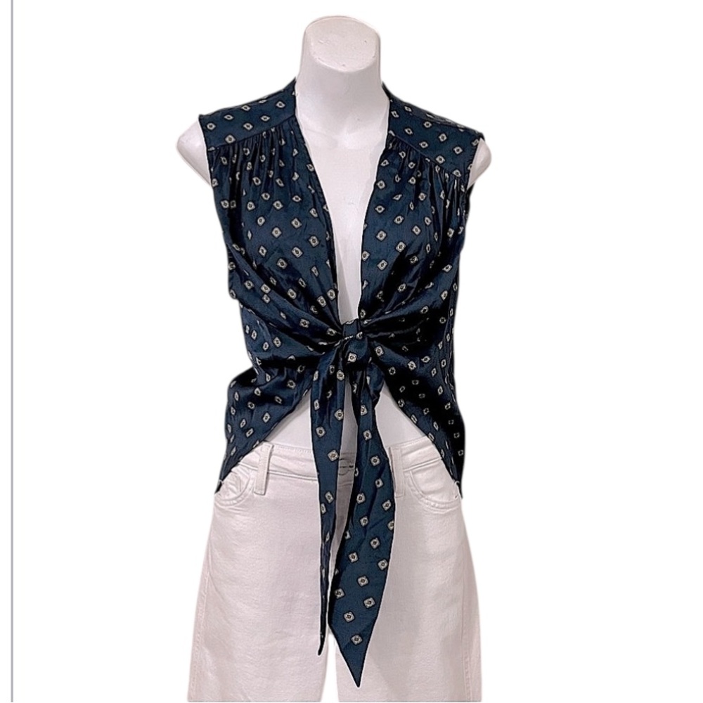 Free People Woman’s Sleeveless Satin Blue Tan Boho Tie Flowy Print Pattern Top